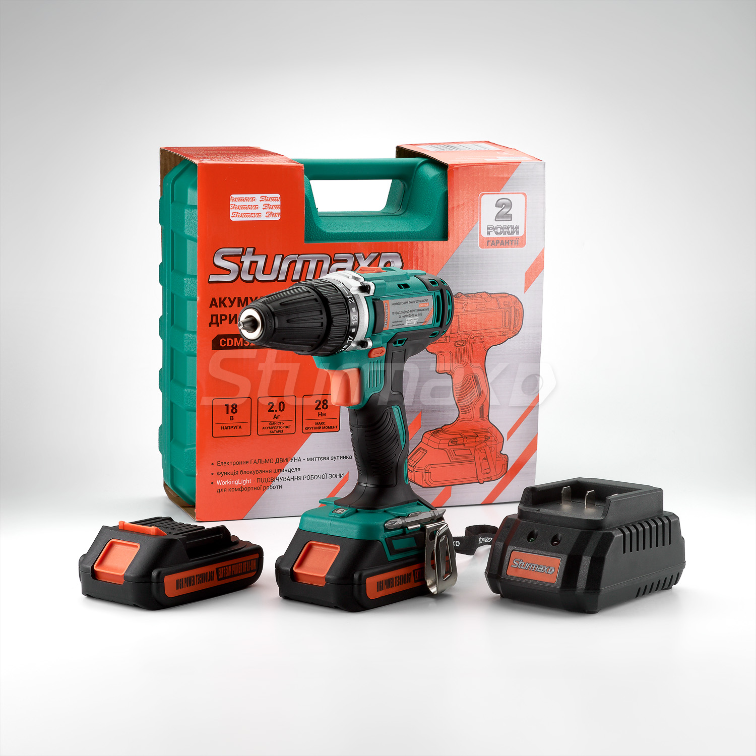 CDM3218LB_08 Sturmax CDM3218LB Шурупокрут акумуляторний 18В, 2.0Аг, 2 акум
