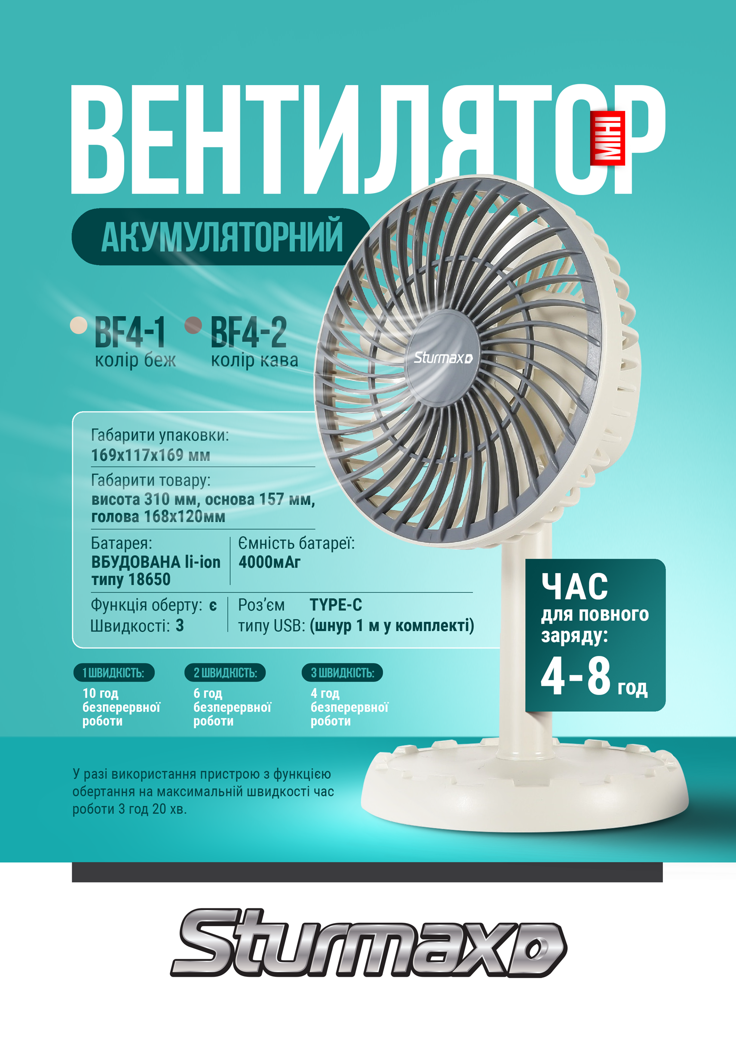 вентилятор344343 Sturmax BF4-2 Вентилятор акумуляторний міні, 4 Ah, кава